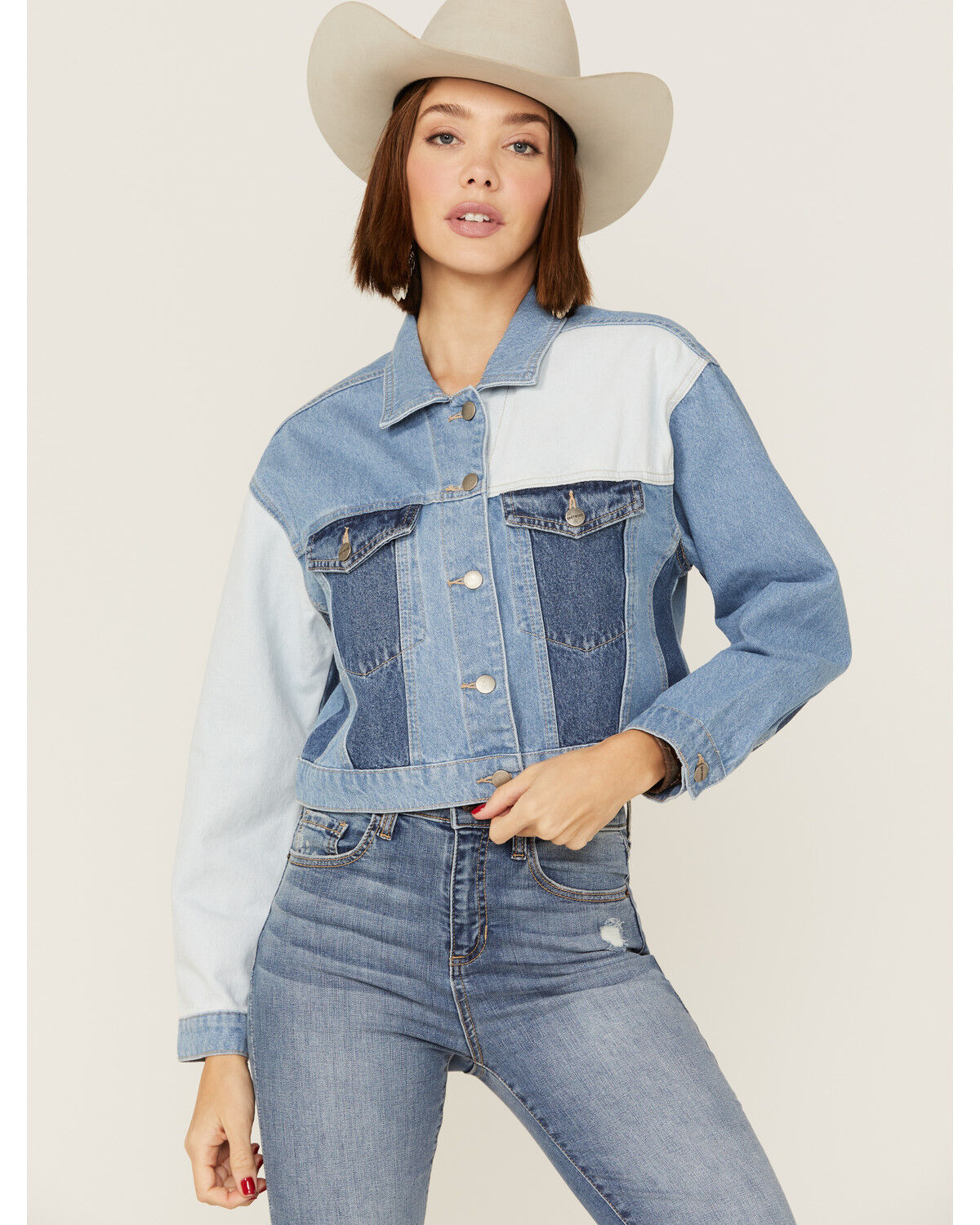 Image #1 - Driftwood Women's Colorblock Cropped Denim Jean Jacket, Blue, hi-res
