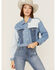 Image #1 - Driftwood Women's Colorblock Cropped Denim Jean Jacket, Blue, hi-res