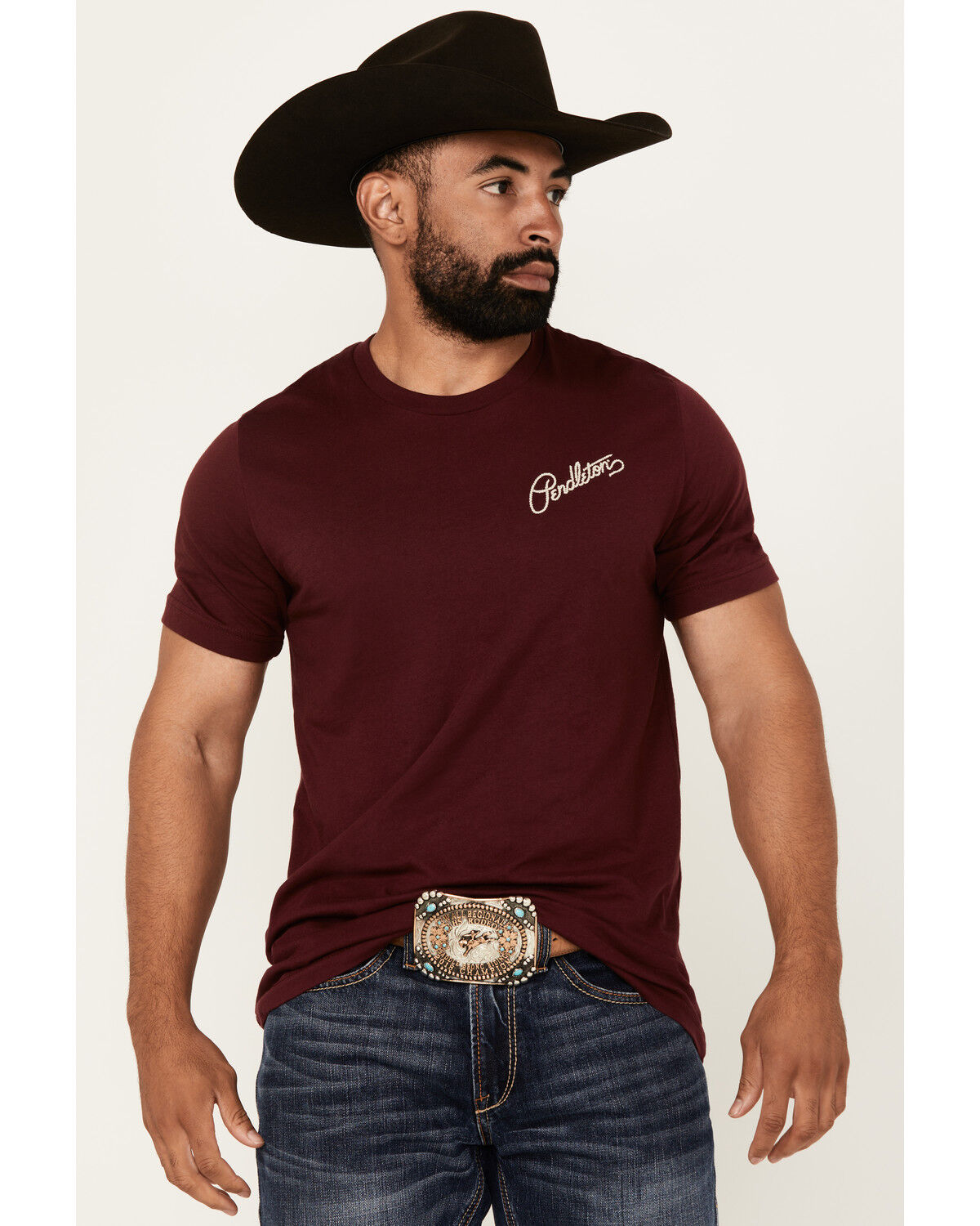 Image #2 - Pendleton Men's Boot Barn Exclusive Rancher Short Sleeve Graphic T-Shirt, Burgundy, hi-res
