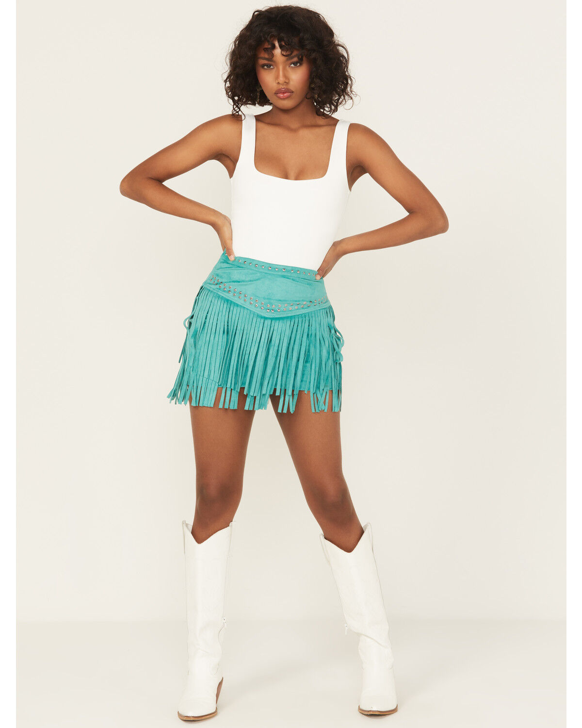 Image #1 - Rock & Roll Denim Women's Fringe Studded Faux Suede Mini Skirt, , hi-res