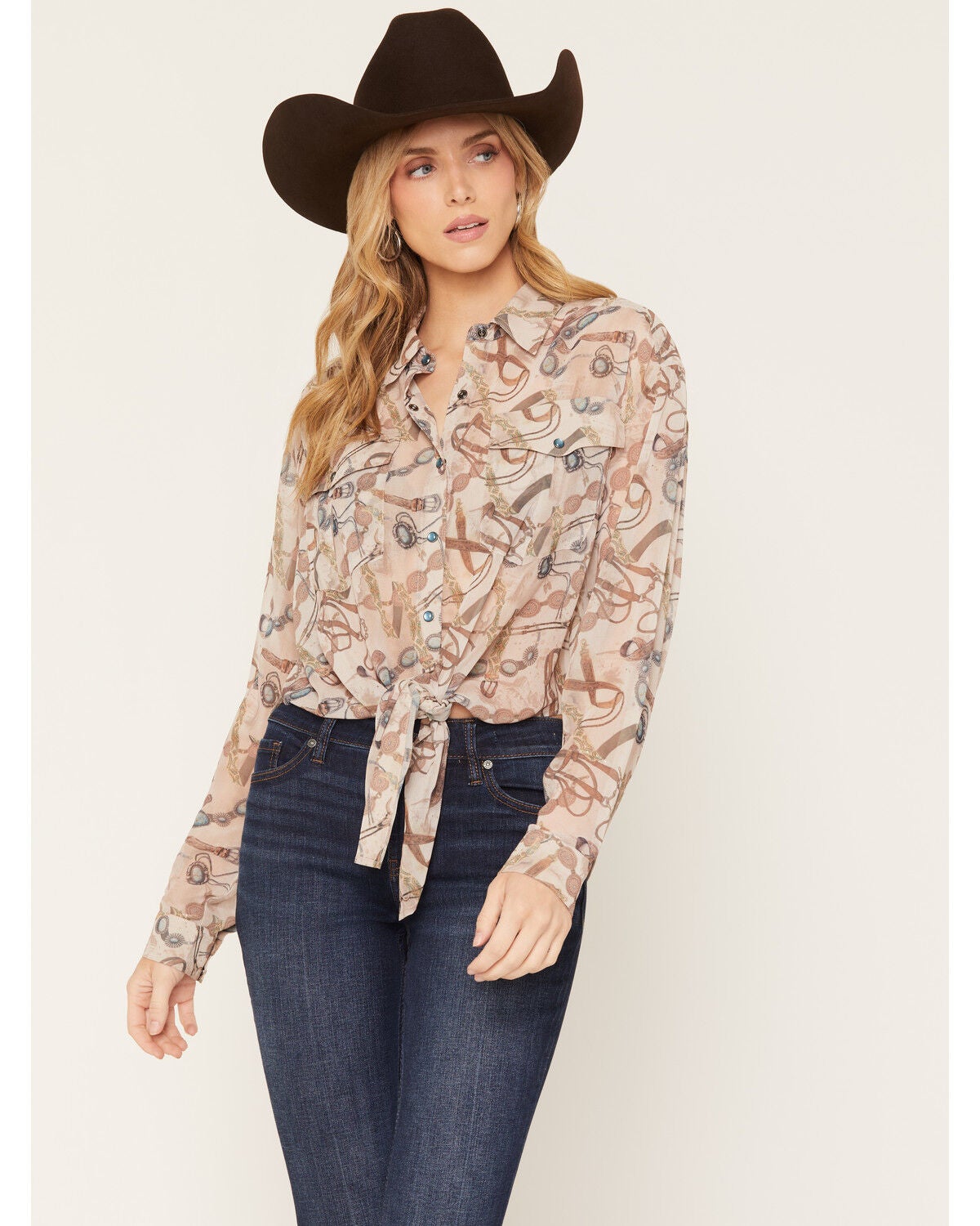 Image #1 - Shyanne Women's Norma Sheer Printed Long Sleeve Pearl Snap Blouse, Natural, hi-res