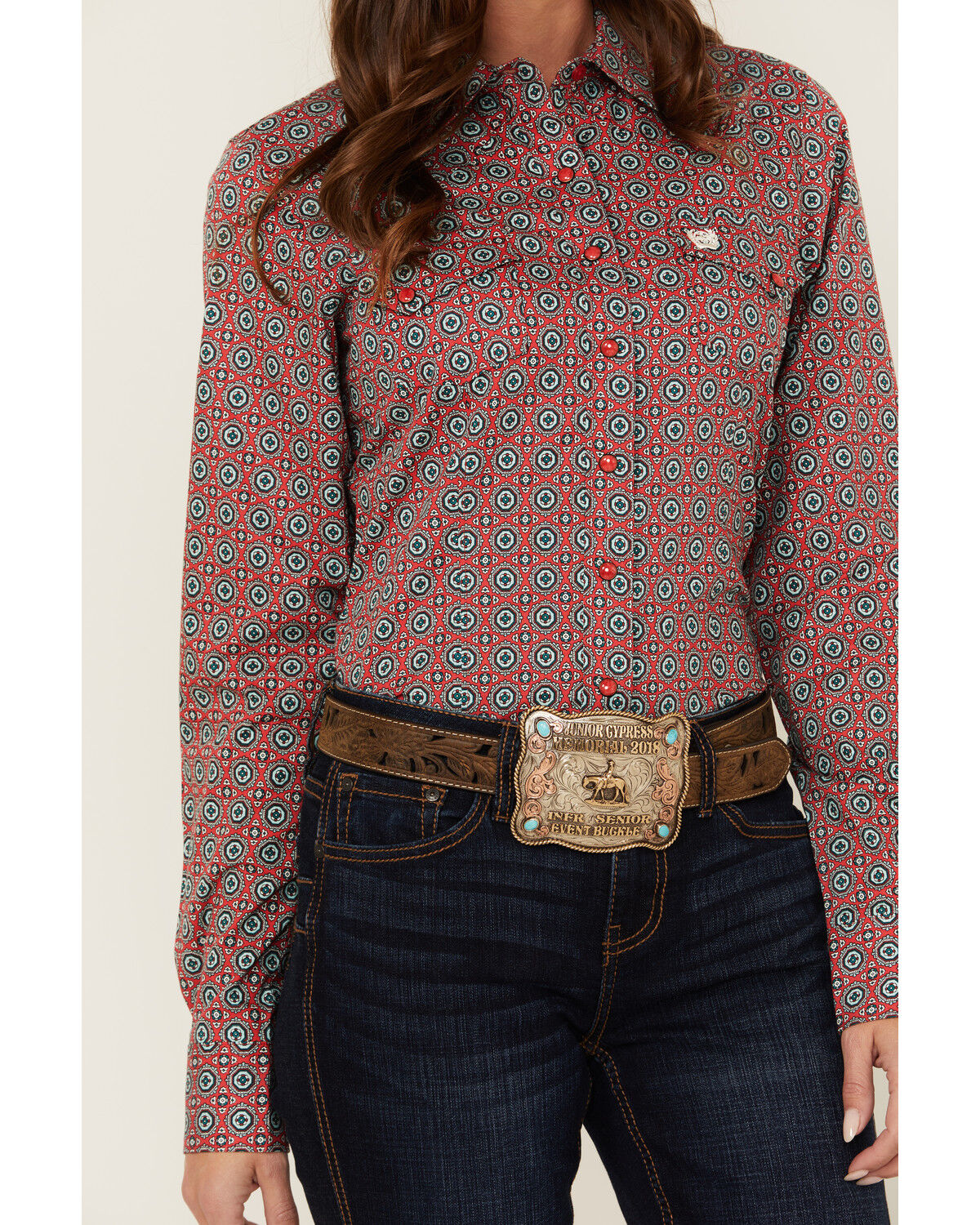 Image #3 - Cinch Women's Printed Long Sleeve Snap Western Shirt, Red, hi-res