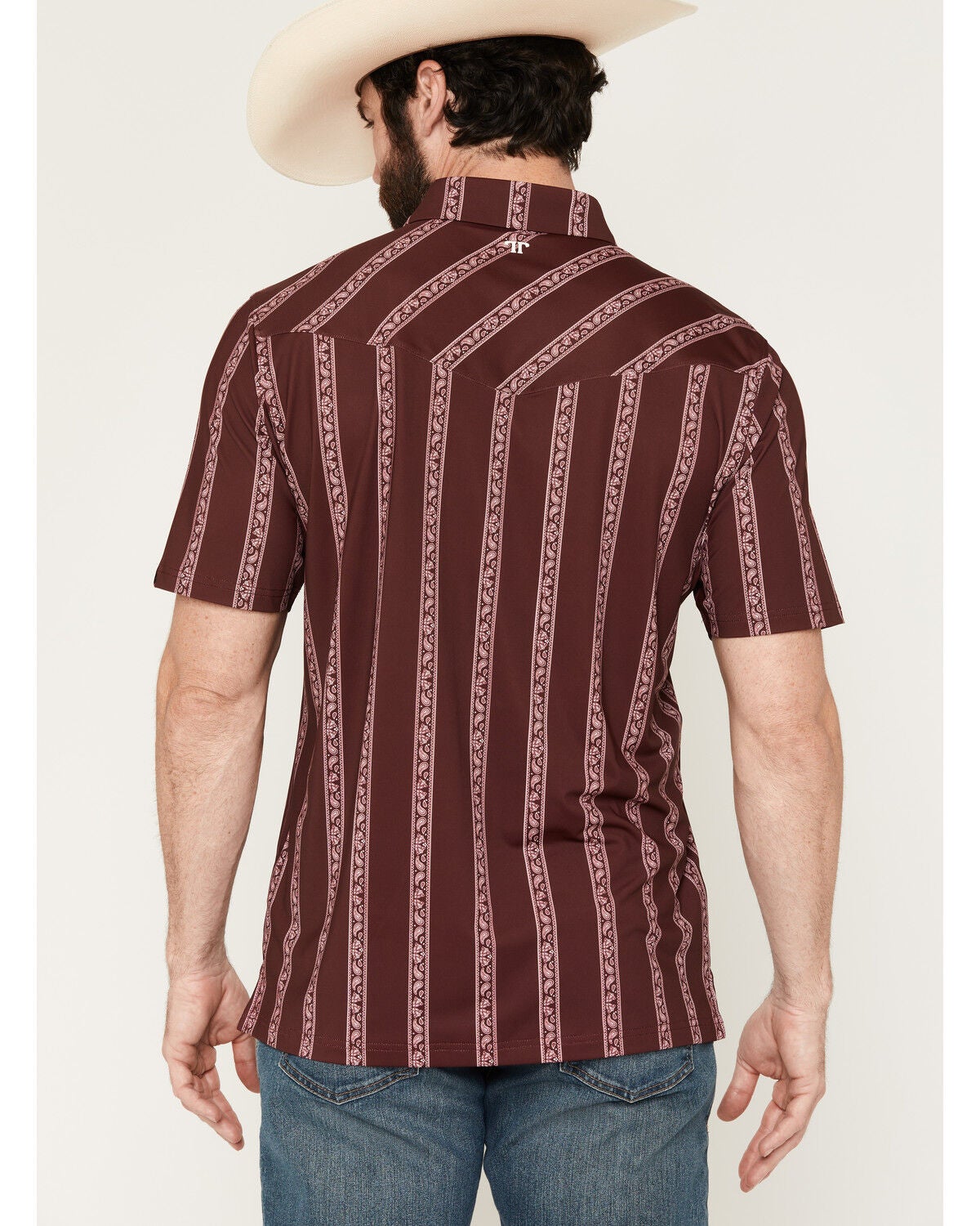 Image #4 - Ferrell Men's Hays Striped Print Short Sleeve Snap Stretch Polo Shirt, Maroon, hi-res