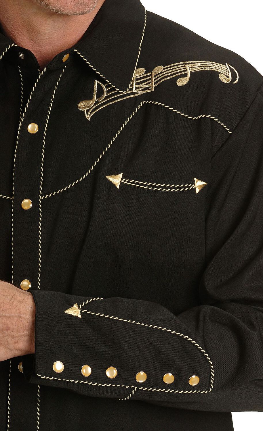 Image #2 - Scully Music Note Embroidered Retro Western Shirt - Big & Tall, Black, hi-res