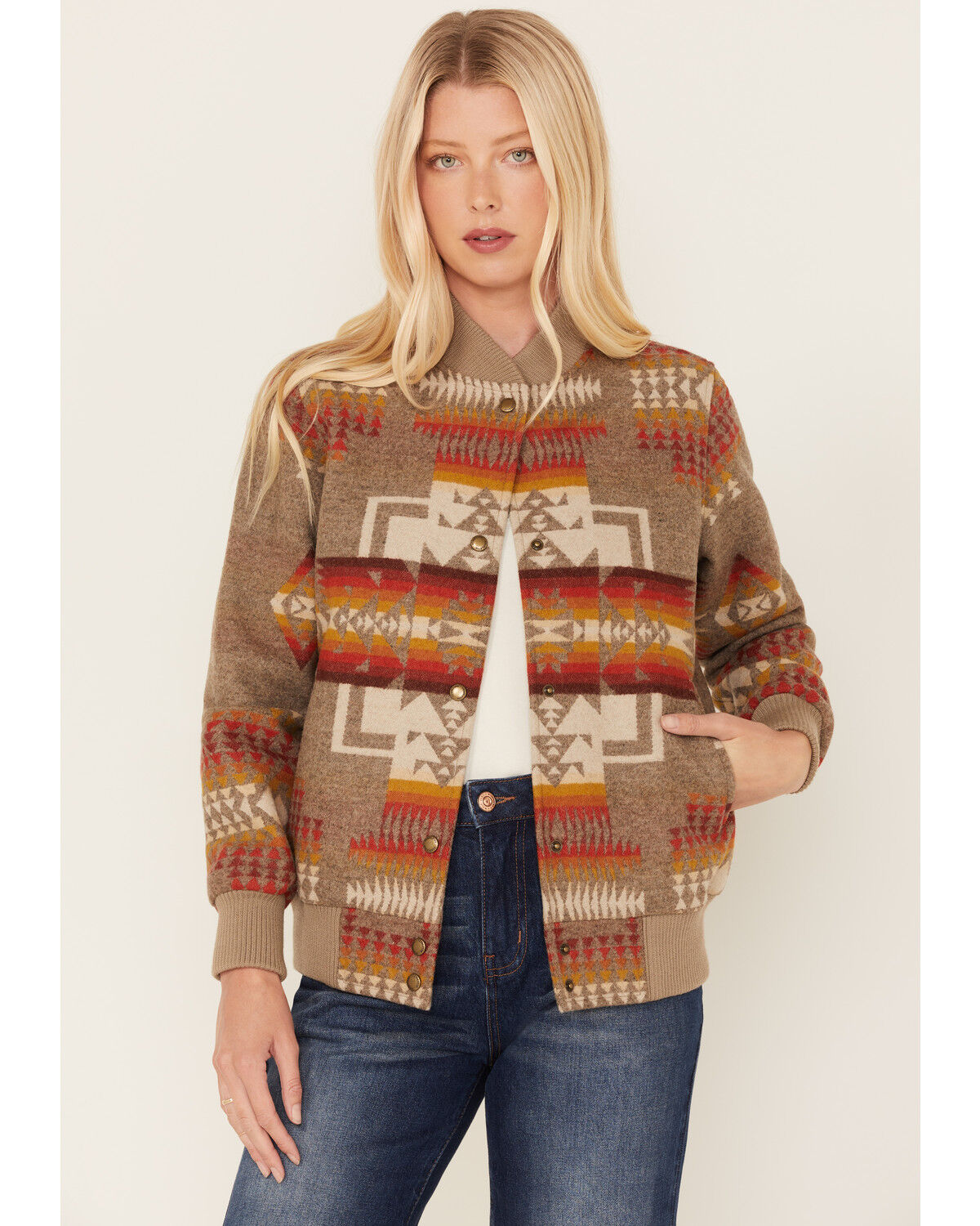 Image #1 - Pendleton Women's Mixed Print Western Jacquard Bomber Jacket, , hi-res