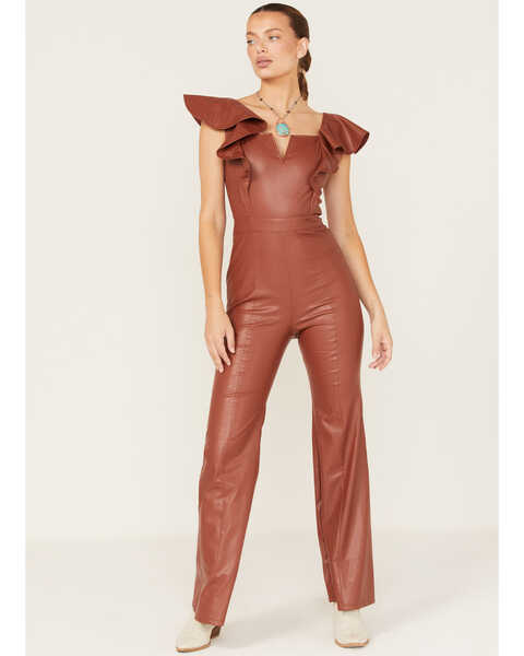 Flying Tomato Women's Faux Leather Flare Jumpsuit, Rust Copper, hi-res
