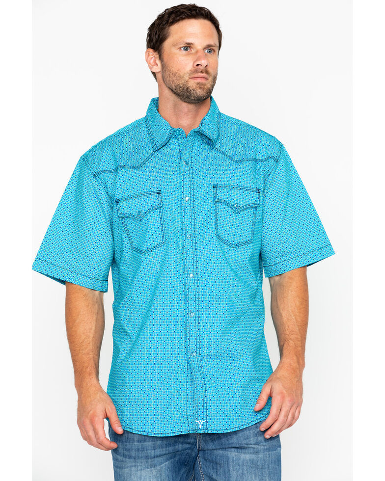Wrangler 20X Men's Navy Competition Geo Print Short Sleeve Western Shirt, Turquoise, hi-res