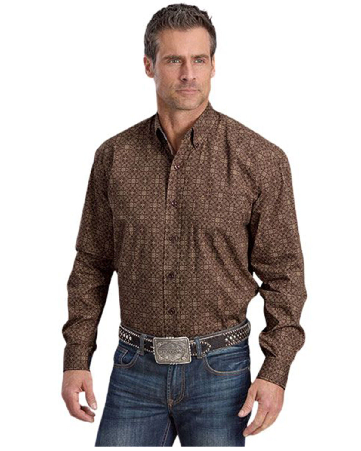 Image #1 - Stetson Men's Medallion Print Long Sleeve Button-Down Western Shirt, Brown, hi-res