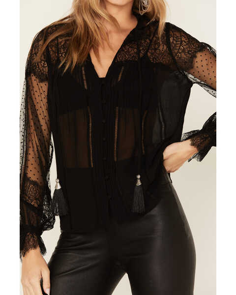 Image #3 - Wonderwest Women's Lace Sheer Sleeve Button Blouse, Black, hi-res