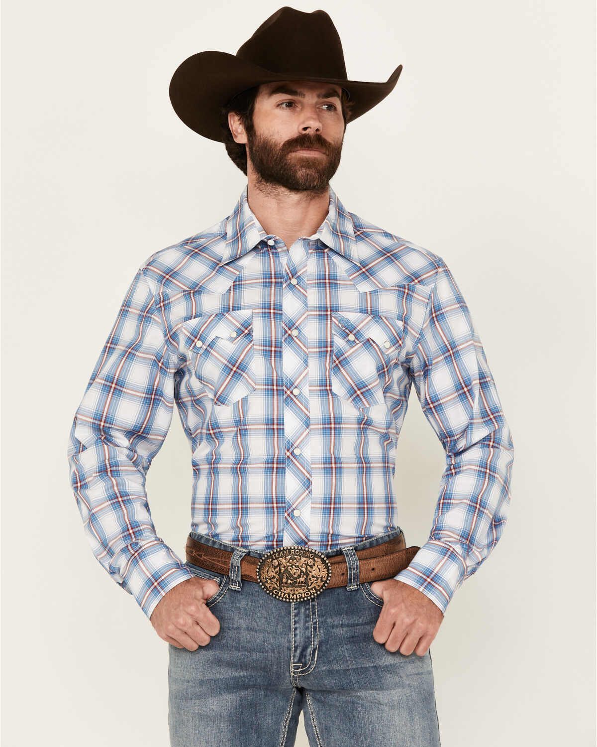 Image #1 - Wrangler Retro Men's Plaid Print Long Sleeve Snap Western Shirt, Blue, hi-res
