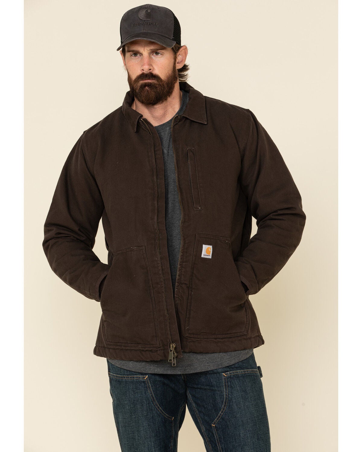 Carhartt Men's Dark Brown Washed Duck Sherpa Lined Work Coat, Brown, hi-res