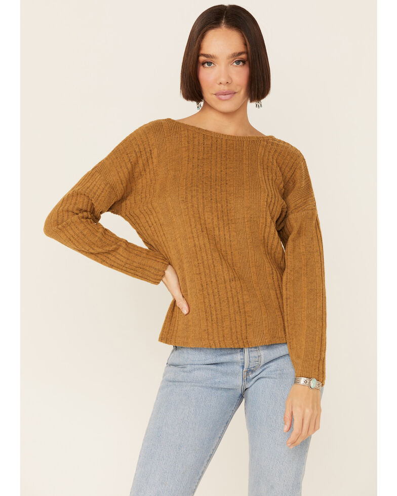 Miss Me Women's Solid Mustard Twist Back Ribbed Knit Top , Mustard, hi-res
