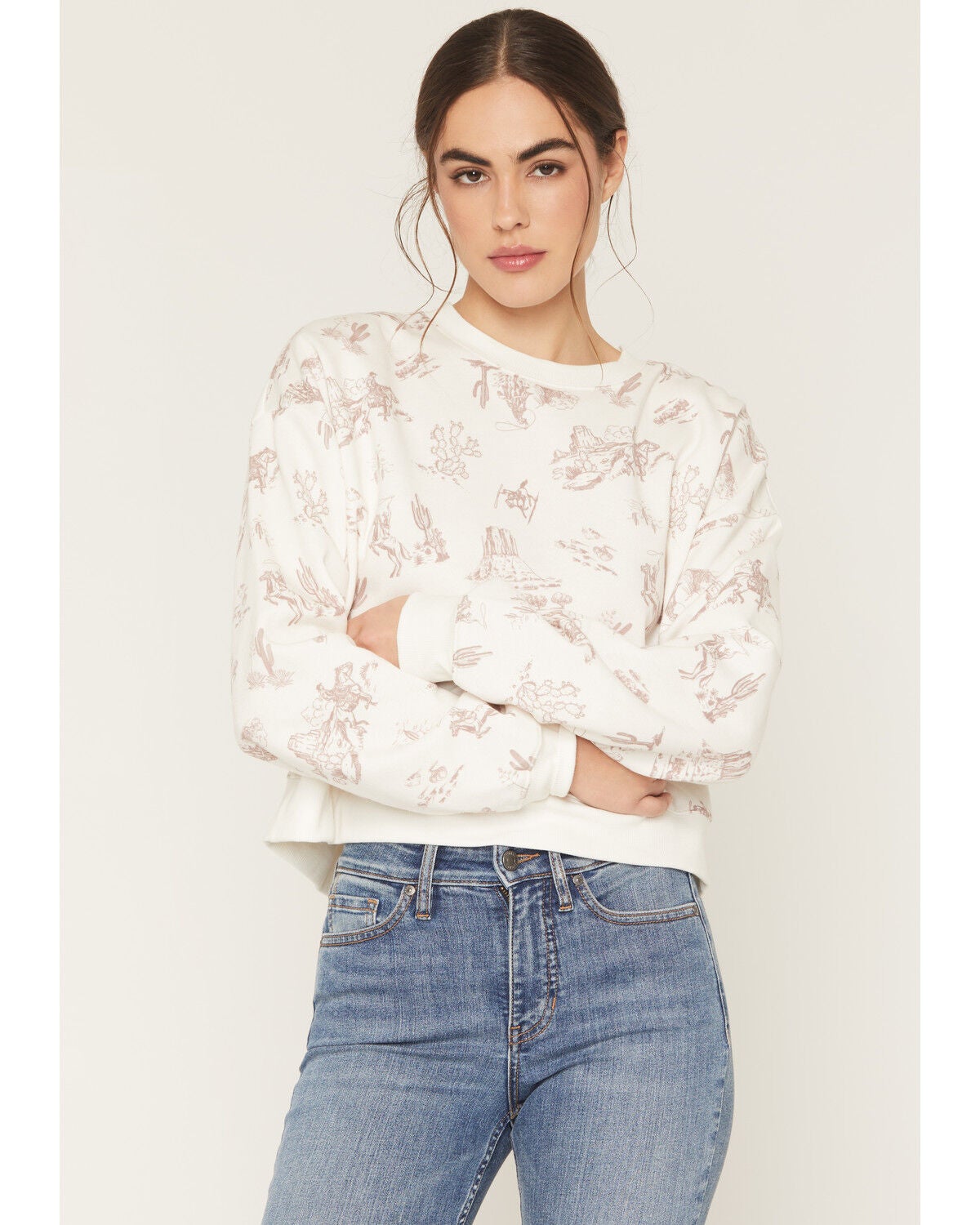 Image #1 - Originality Women's Conversational Print Crew Neck Sweatshirt, Cream, hi-res