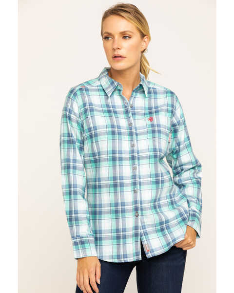 Ariat Women's Boot Barn Exclusive FR Gisela Plaid Print Long Sleeve Work Shirt , Blue, hi-res