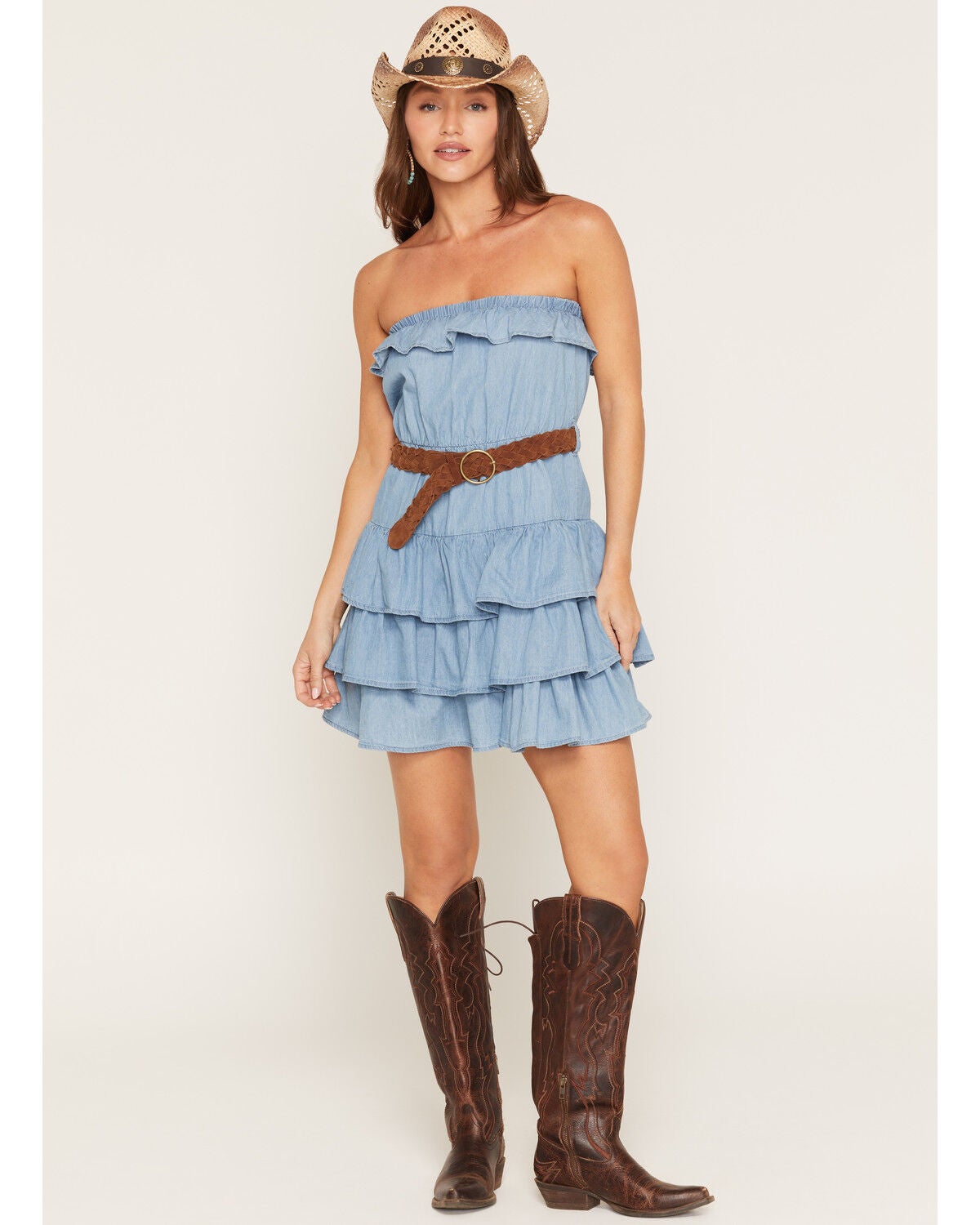 Boom Boom Jeans Women's Light Wash Strapless Tiered Belted Denim Mini Dress, Light Wash, hi-res