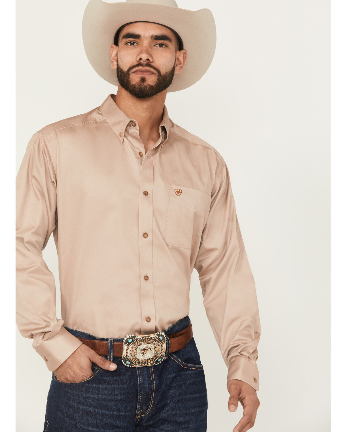 Image #1 - Ariat Men's Solid Khaki Twill Long Sleeve Western Shirt - Big & Tall, Khaki, hi-res