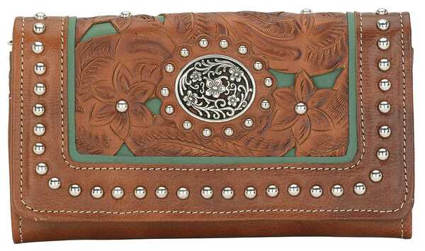 American West Lady Lace Tri-Fold Leather Wallet, Brown, hi-res
