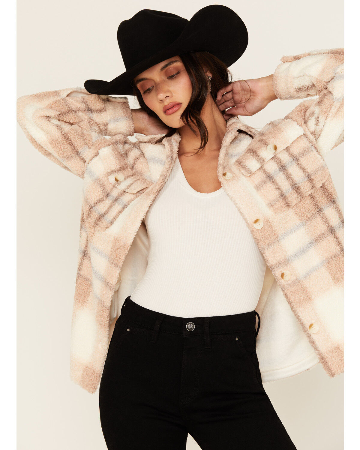 Image #1 - 26 International Women's Plaid Print Sherpa Shacket, Tan, hi-res
