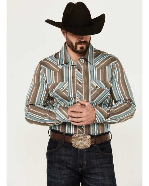Rock & Roll Denim Men's Serape Striped Print Long Sleeve Pearl Snap Western Shirt, Brown, hi-res