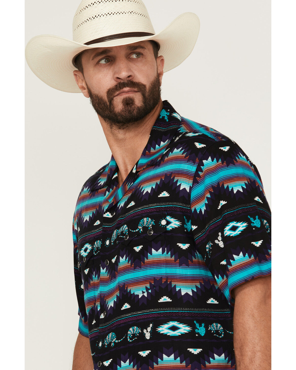 Image #2 - Wrangler Men's Southwestern Striped Short Sleeve Snap Western Shirt, Black, hi-res