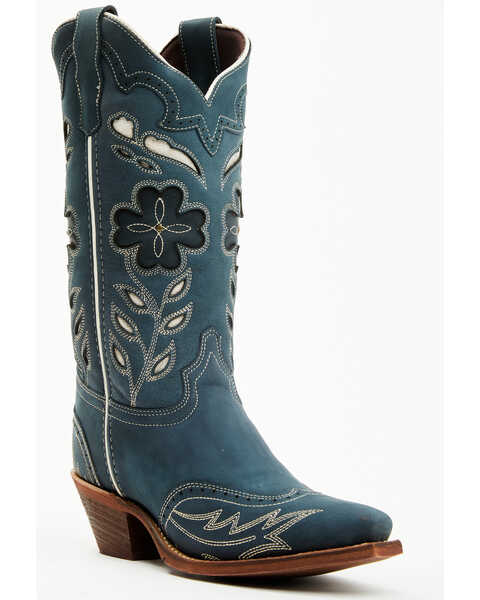 Laredo Women's Floral Underlay Western Boots - Snip Toe , Dark Blue, hi-res