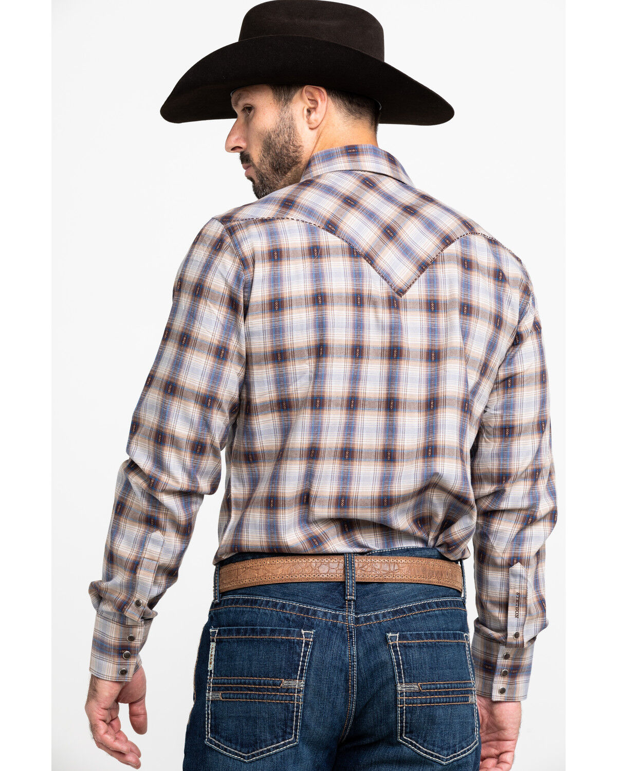 Image #2 - Stetson Men's Dobby Med Plaid Long Sleeve Western Shirt, Brown, hi-res