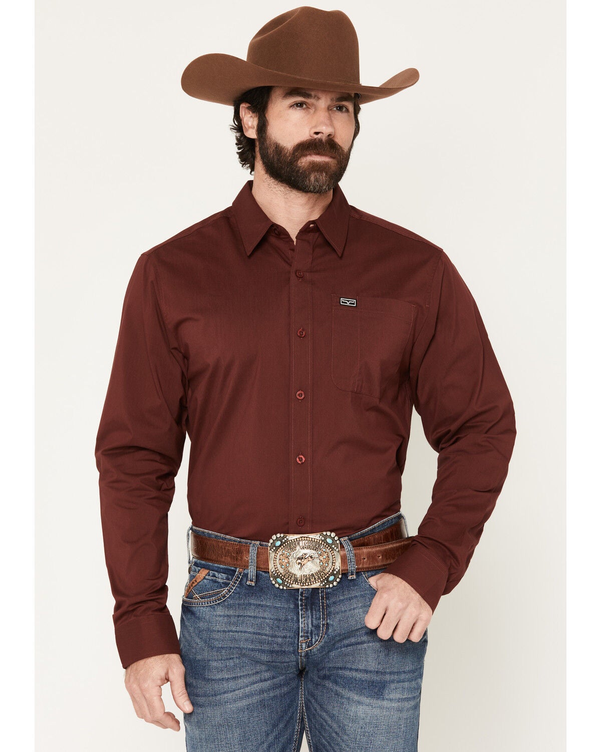 Kimes Ranch Men's Linville Coolmax&reg; Long Sleeve Button-Down Performance Western Shirt, Burgundy, hi-res