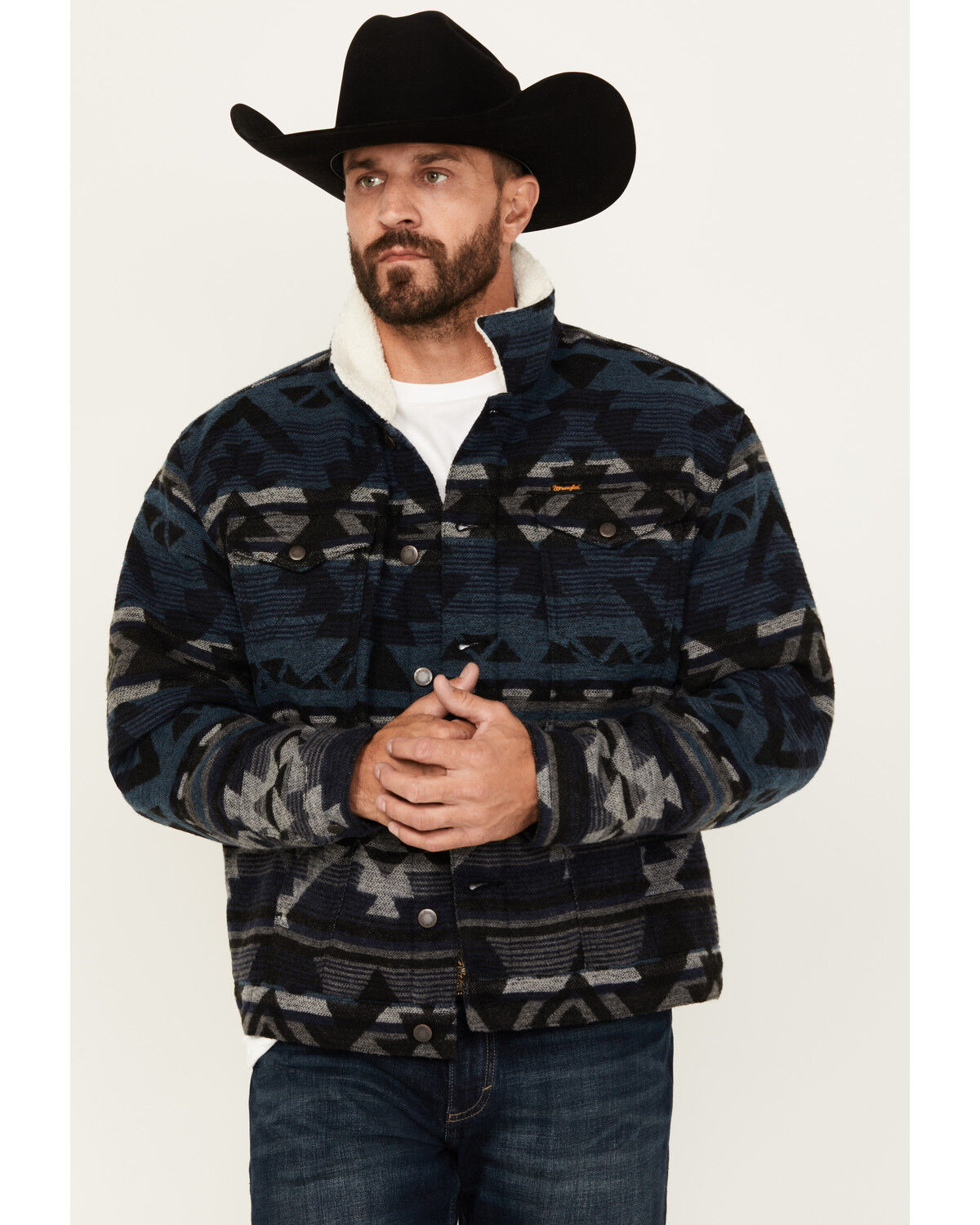 Image #1 - Wrangler Men's Southwestern Print Sherpa Lined Jacket, Navy, hi-res