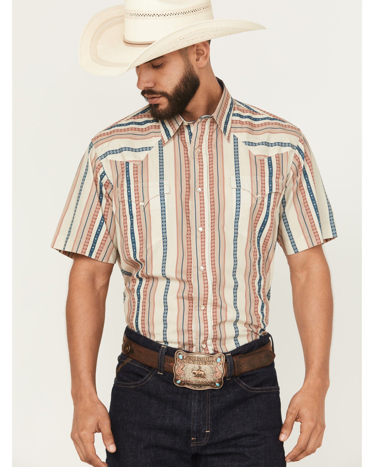 Roper Men's West Made Southwestern Striped Short Sleeve Pearl Snap Western Shirt, Tan, hi-res