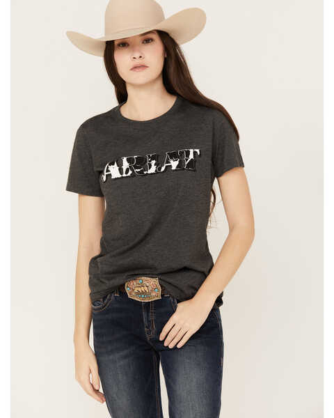 Ariat Women's Cow Print Logo Short Sleeve Graphic Tee, Charcoal, hi-res