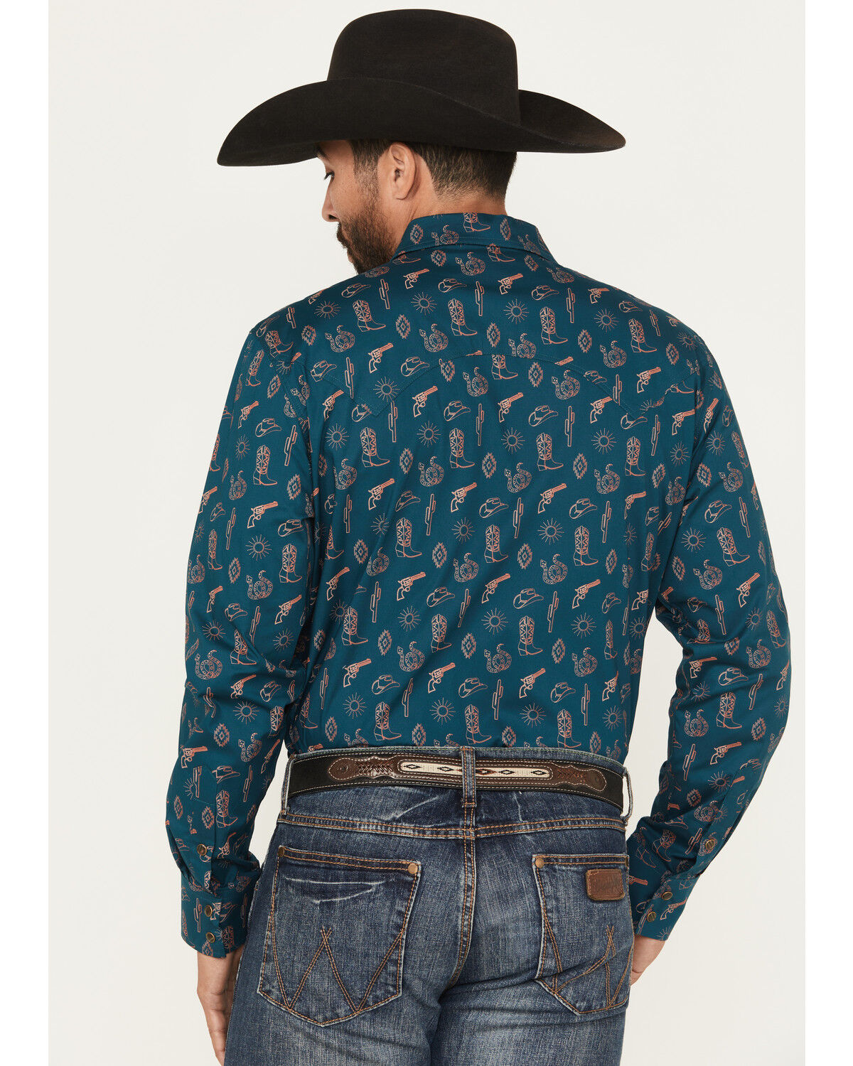 Image #4 - Rock & Roll Denim Men's Cowboy Print Long Sleeve Snap Stretch Western Shirt, Teal, hi-res