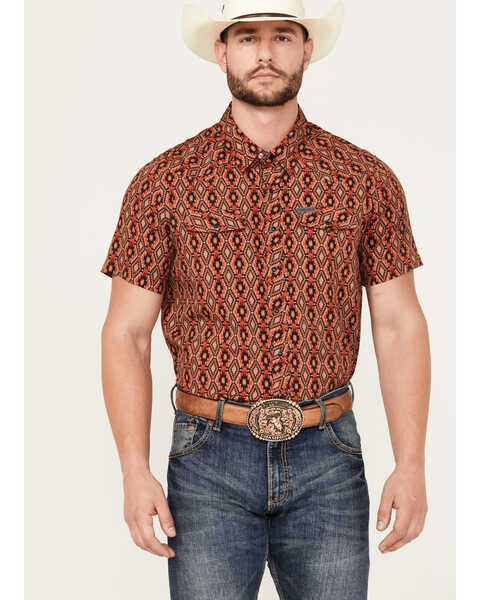 Image #1 - Panhandle Men's Southwestern Print Short Sleeve Performance Snap Western Shirt, Red, hi-res