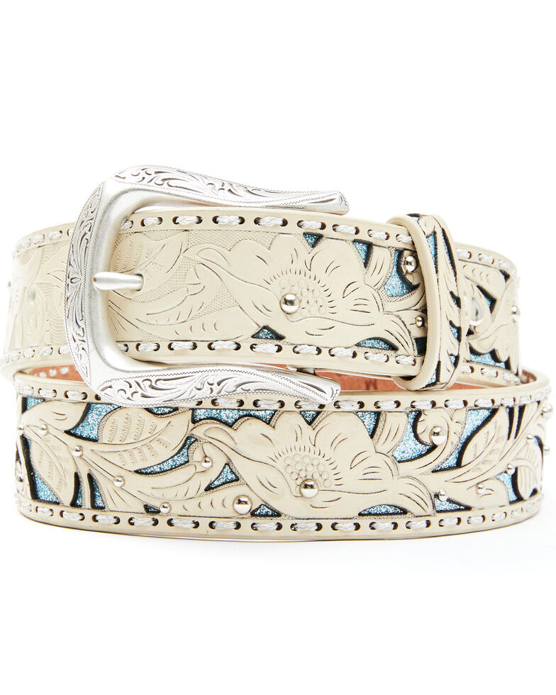Shyanne Women's Off White Cut-Out Turquoise Glitter Underlay Belt, Off White, hi-res