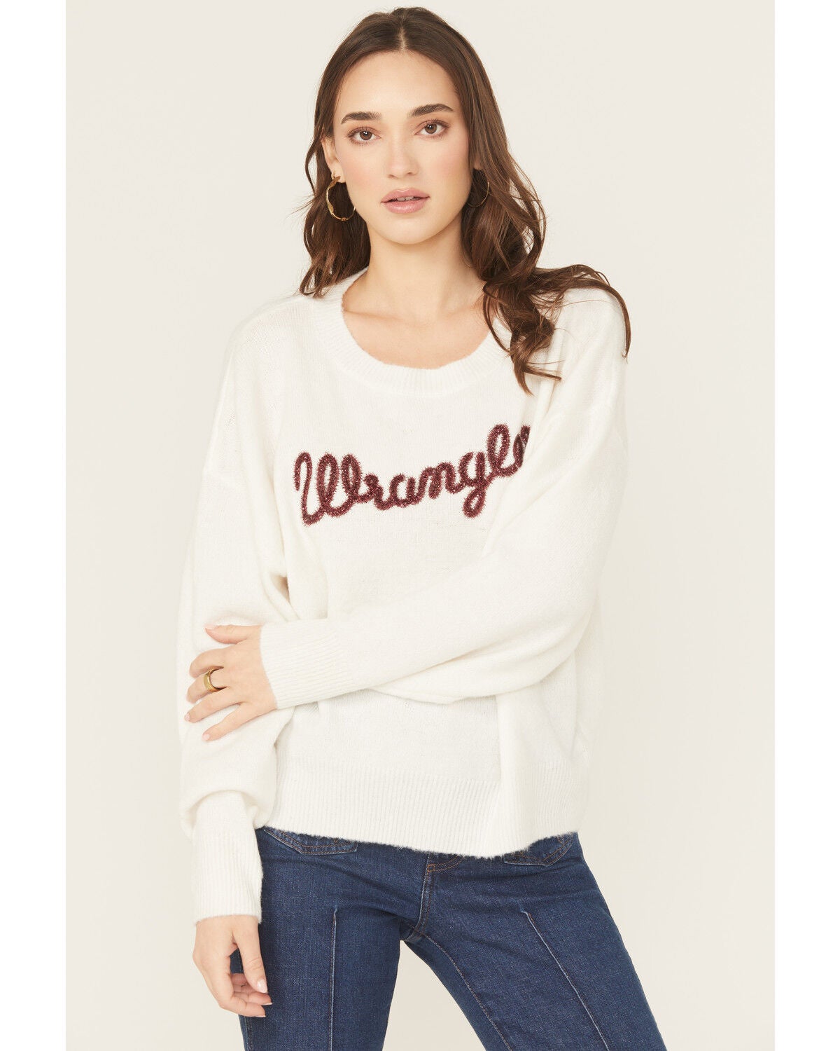 Image #1 - Wrangler Retro Women's Glitter Logo Sweater, White, hi-res