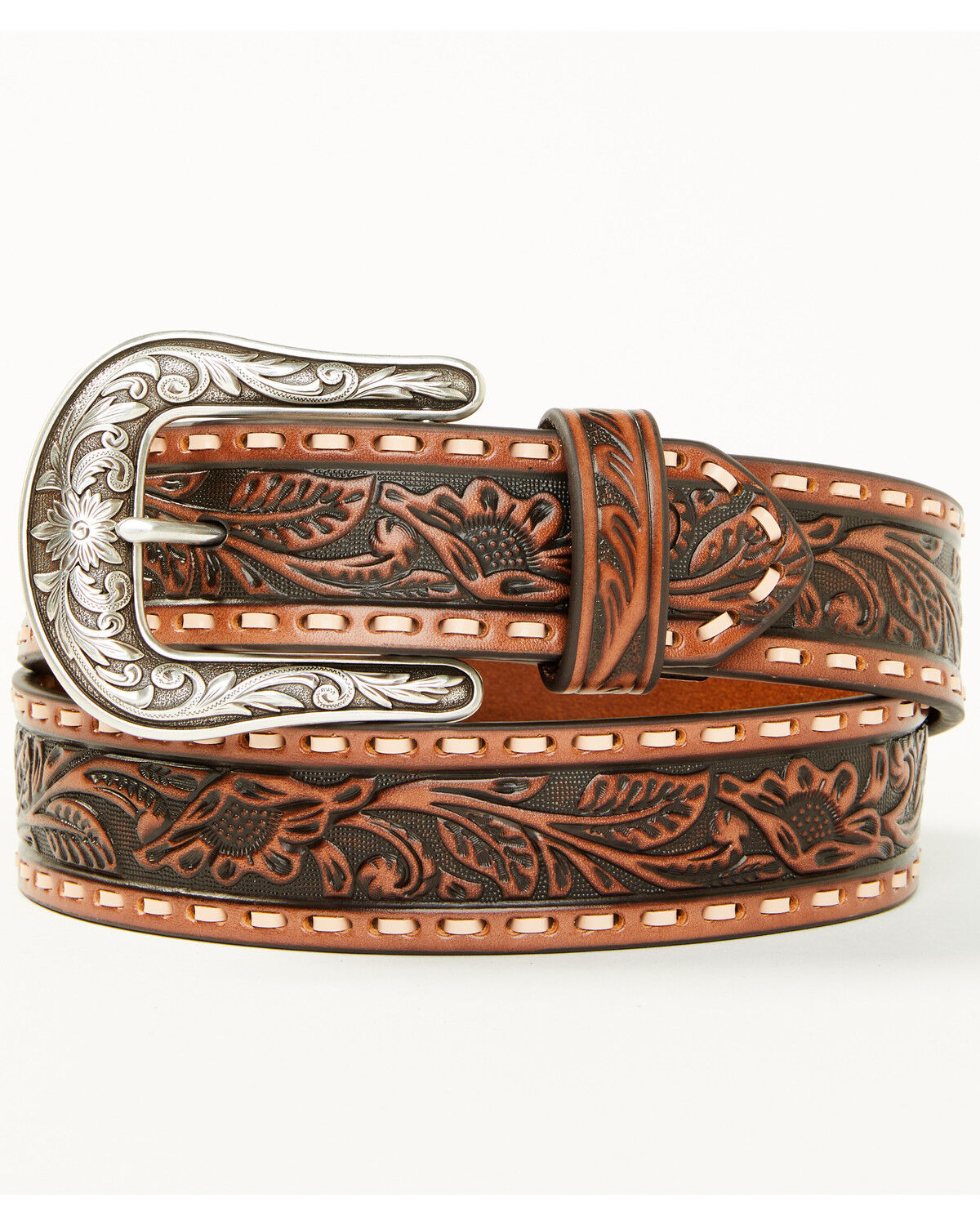 Image #1 - Shyanne Women's Floral Whip Stitch Belt, Brown, hi-res