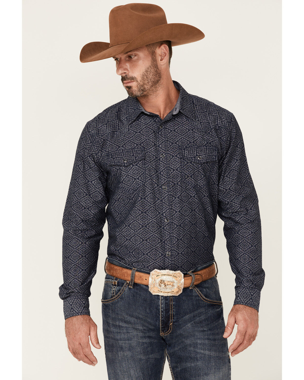Image #1 - Cody James Men's Washed Out Chambray Southwestern Print Long Sleeve Snap Western Shirt, Navy, hi-res