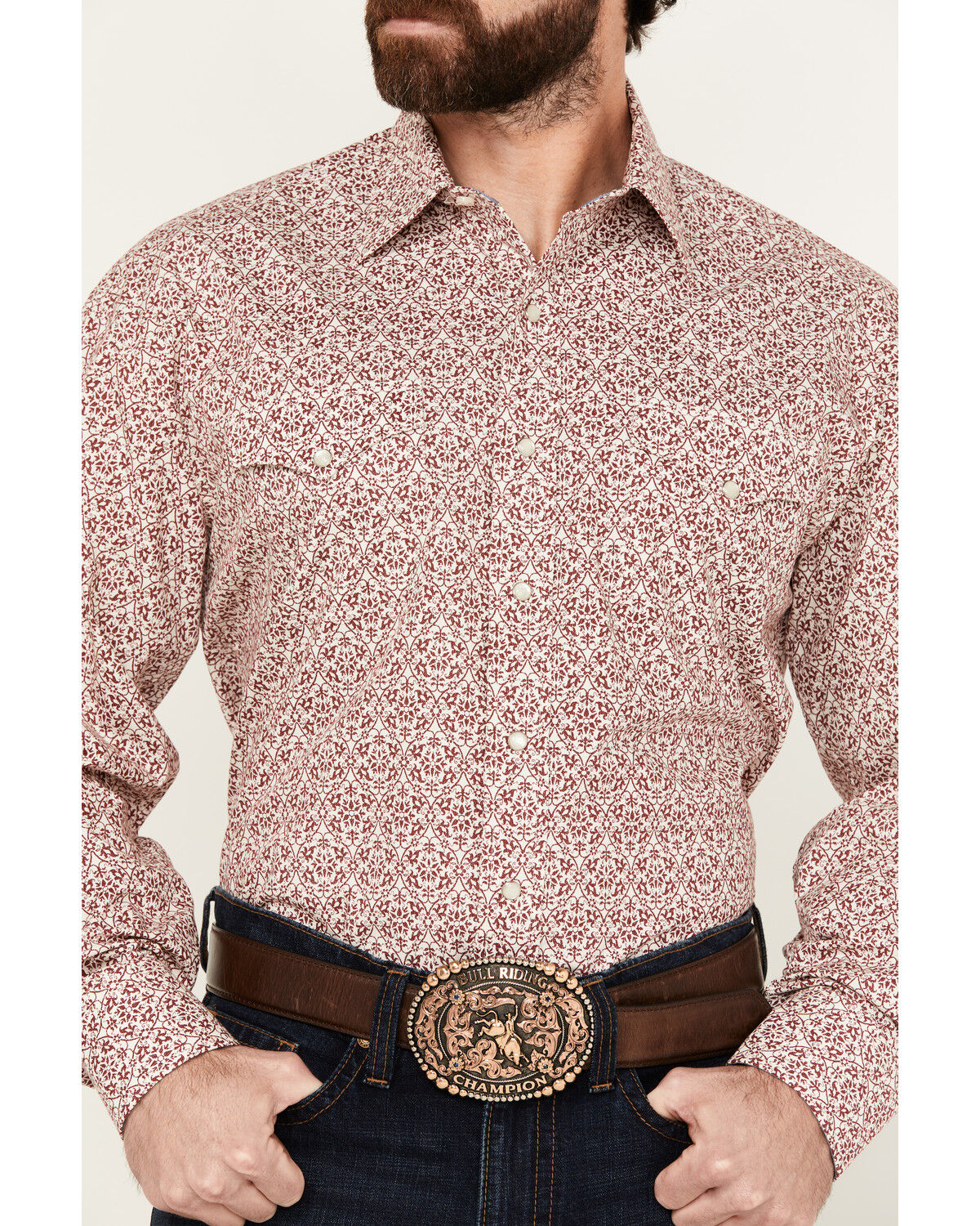 Image #3 - Stetson Men's Medallion Print Long Sleeve Pearl Snap Western Shirt, Maroon, hi-res