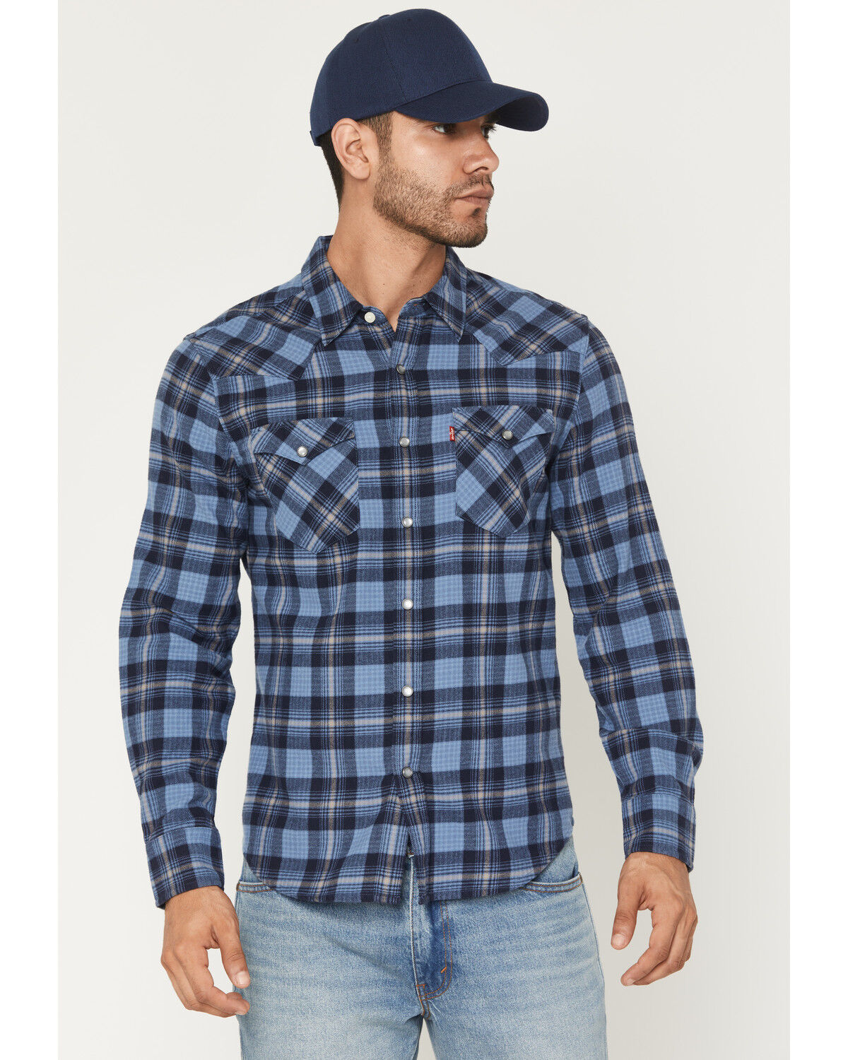 Image #1 - Levi's Men's Niklas Plaid Print Long Sleeve Snap Long Sleeve Flannel Shirt, Navy, hi-res