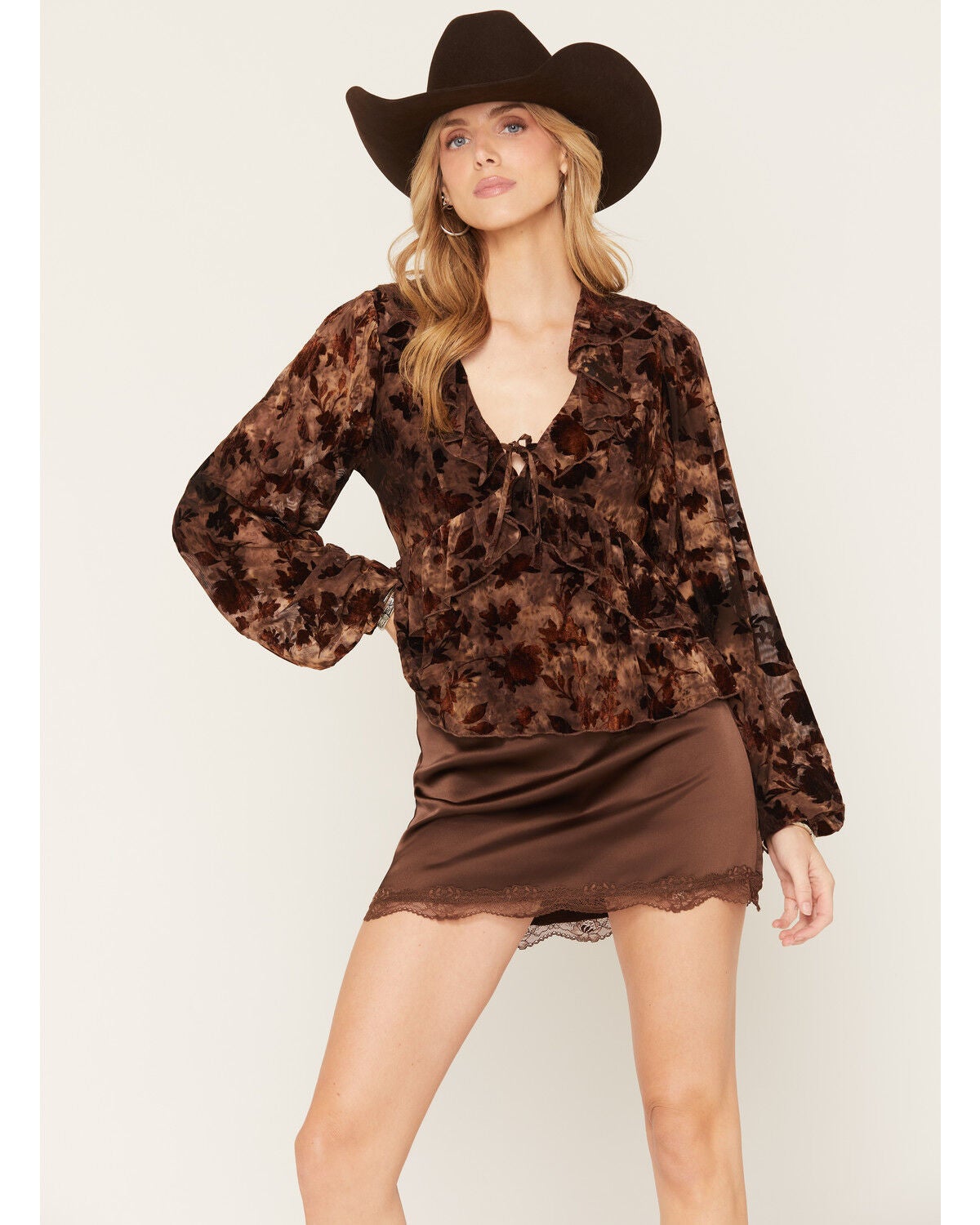 Cleo + Wolf Women's Ruffle Long Sleeve Peplum Top, Brown, hi-res