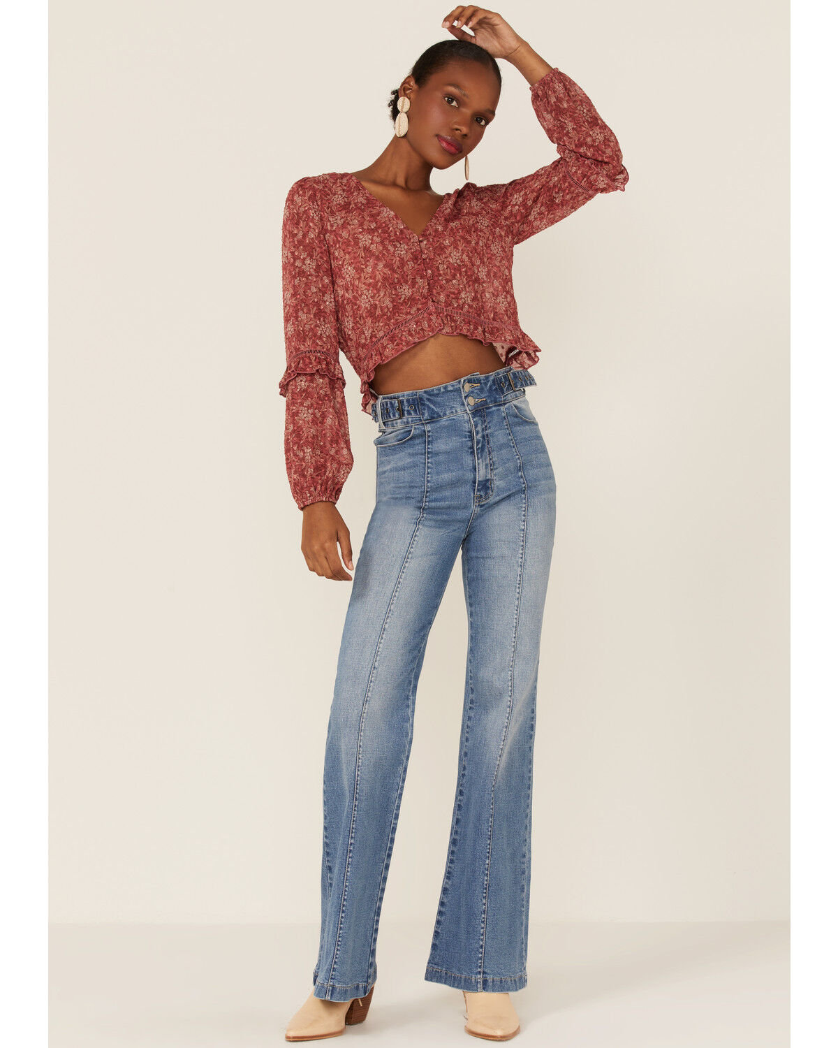 Image #4 - En Crème Women's Floral Ruffle Hem Blouse, Red, hi-res