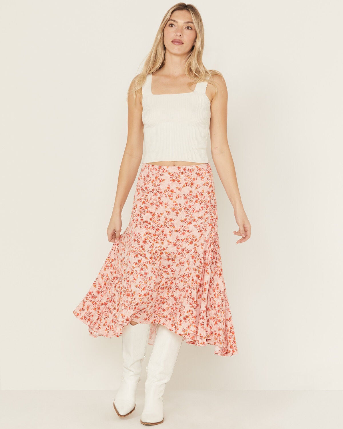 Shyanne Women's Floral Print High-Low Midi Skirt, Light Pink, hi-res