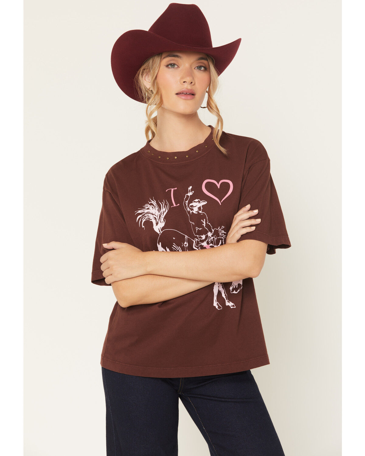 Image #1 - All Us Women's Cowboy Embellished Short Sleeve Graphic Tee, Brown, hi-res
