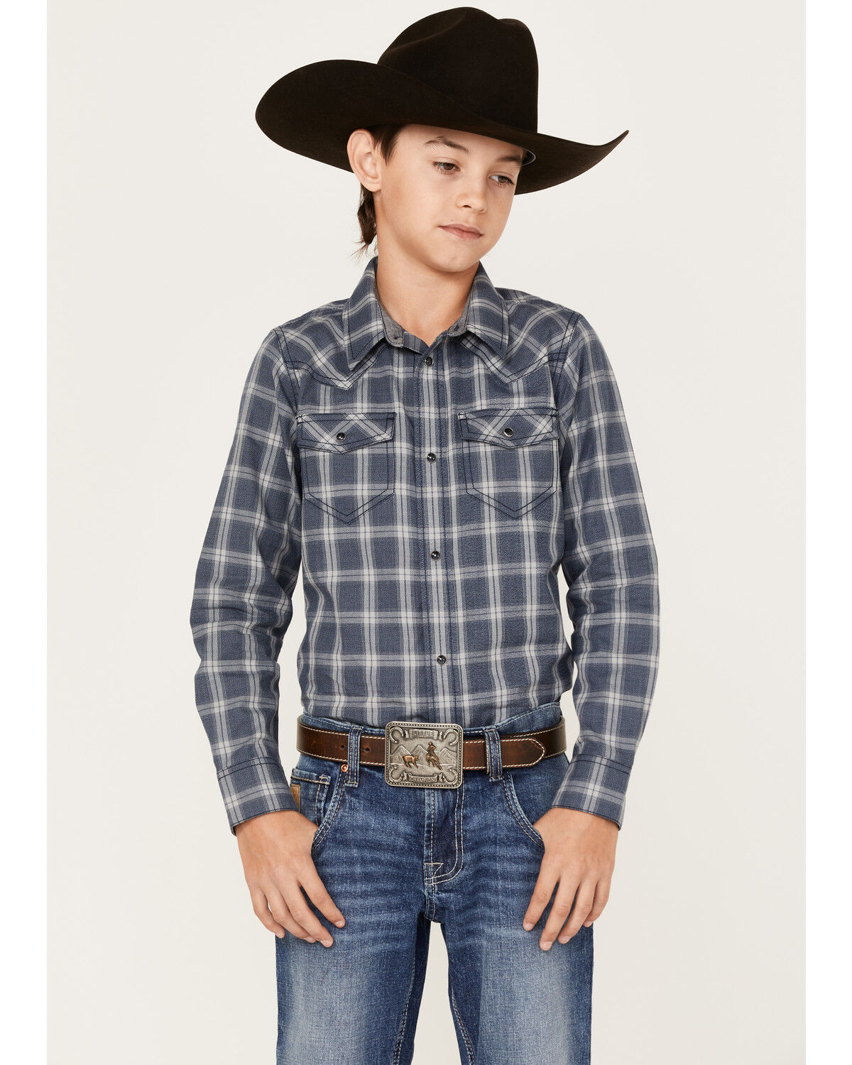Image #1 - Cody James Boys' Plaid Print Long Sleeve Western Snap Shirt, Navy, hi-res