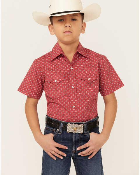 Ely Walker Boys' Bandana Print Short Sleeve Pearl Snap Western Shirt , Red, hi-res