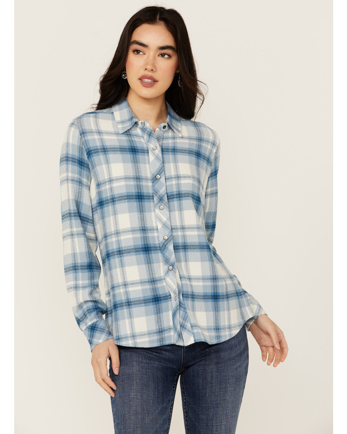 Image #1 - Idyllwind Women's Viola Plaid Print Long Sleeve Pearl Snap Western Shirt, Indigo, hi-res