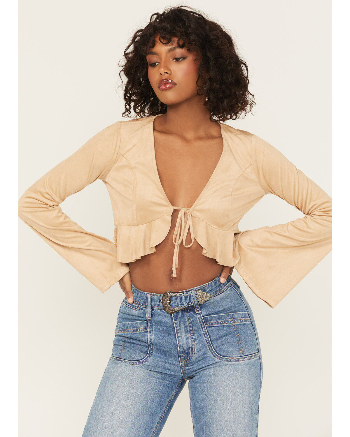 Image #1 - Shyanne Women's Bolero Faux Suede Long Sleeve Shirt, Khaki, hi-res