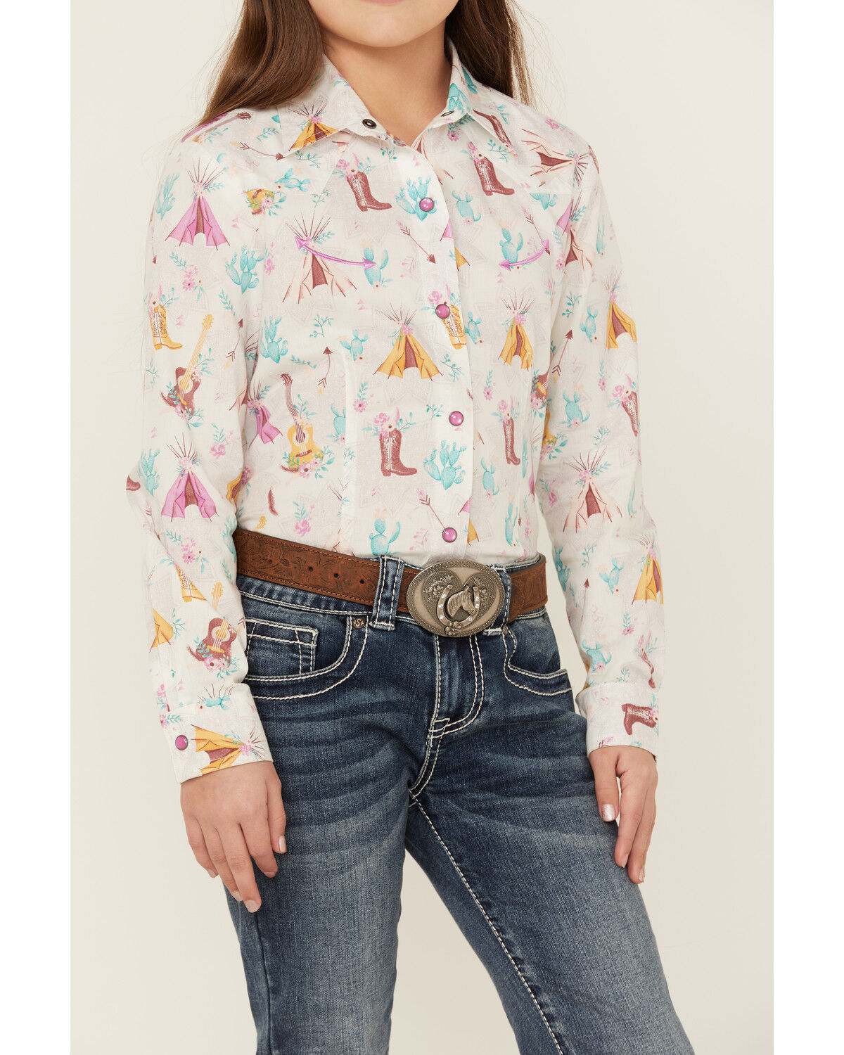 Image #3 - Cruel Girl Girls' Conversation Print Long Sleeve Pearl Snap Western Shirt, White, hi-res