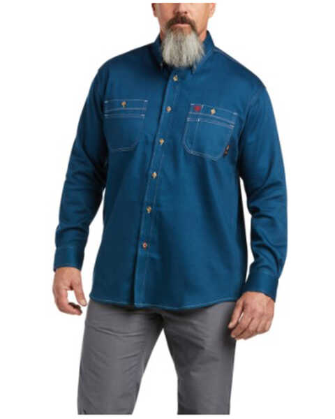 Ariat Men's FR Skyfall Solid Long Sleeve Button Down Work Shirt , Teal, hi-res