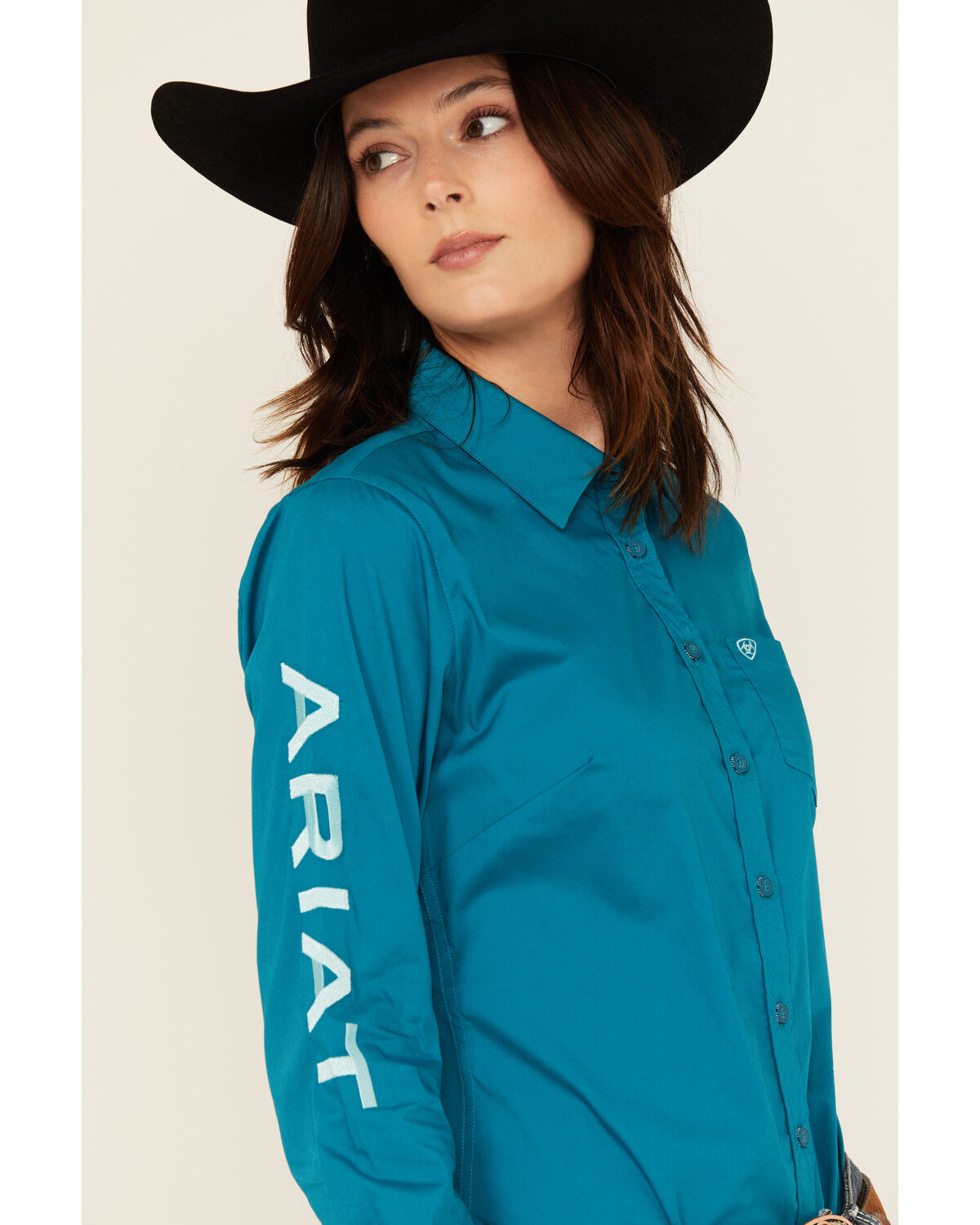 Image #2 - Ariat Women's Team Kirby Logo Long Sleeve Button-Down Stretch Western Shirt, Turquoise, hi-res