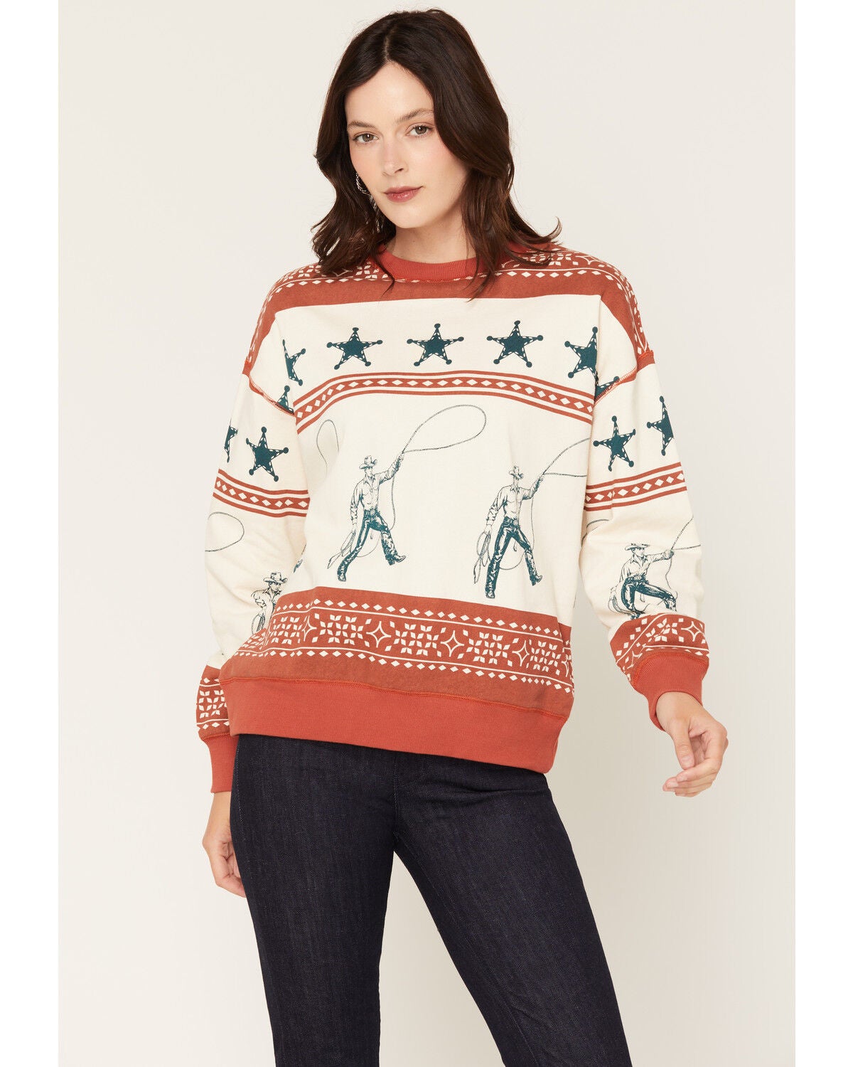 Panhandle Slim Women's Cowboy Crew Neck Long Sleeve, Rust Copper, hi-res